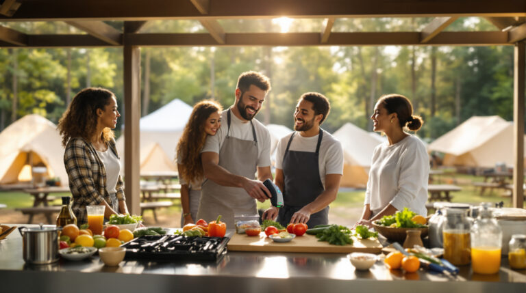 Campground host uses handheld allergen scanner in outdoor camp kitchen while two diverse campers observe, surrounded by fresh vegetables and cooking utensils, with tents and greenery blurred in the background.