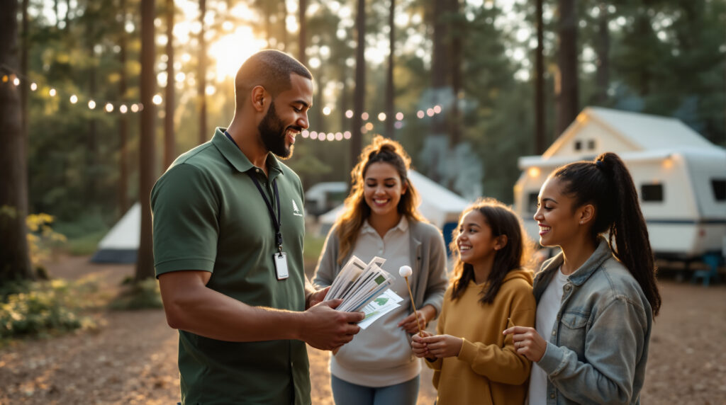 A campground ambassador in a green polo shirt welcomes a smiling family of four at a generic wooded campsite, handing them a welcome bundle with tents and string lights in the background during golden hour.