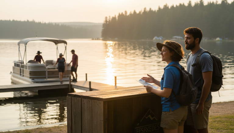 Campground staff member smiling while describing sunset cruise to couple near lakeshore dock, guests boarding boat in golden hour light, tents and trees in blurred background