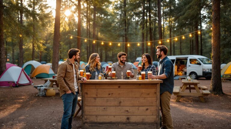Group of adults enjoying beer tasting at a rustic campground with tents, picnic tables, and warm string lights among pine trees during golden hour