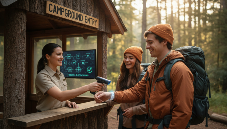 Campground attendant scans camper’s wristband for secure check-in at a generic outdoor kiosk, with two smiling guests and backpacks, set against a blurred forest background.