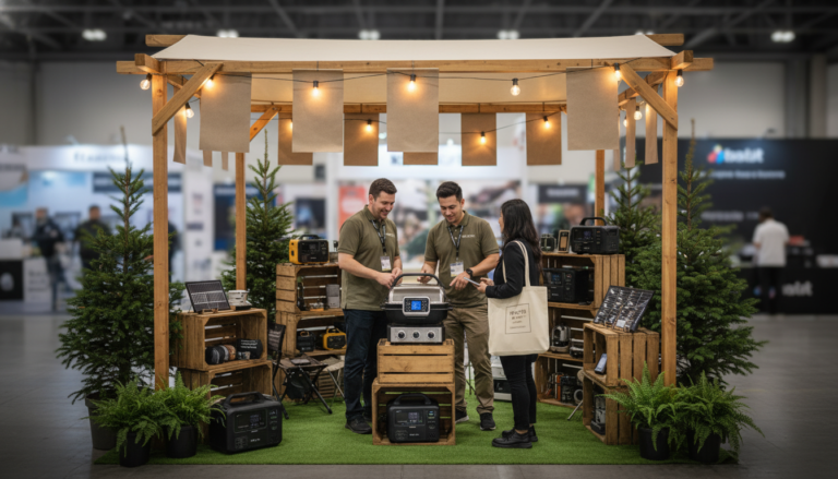 Campground-themed trade show booth with exhibitors demonstrating camping gear to visitors under canvas canopy, surrounded by potted evergreens and warm string lights in a blurred, generic expo hall.