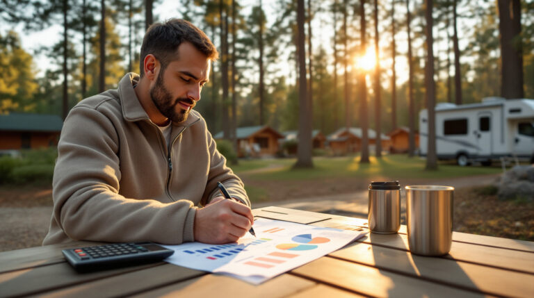 Campground manager at picnic table reviewing asset charts with calculator and coffee under pine trees, cabins and RV softly blurred in background, sunlit setting