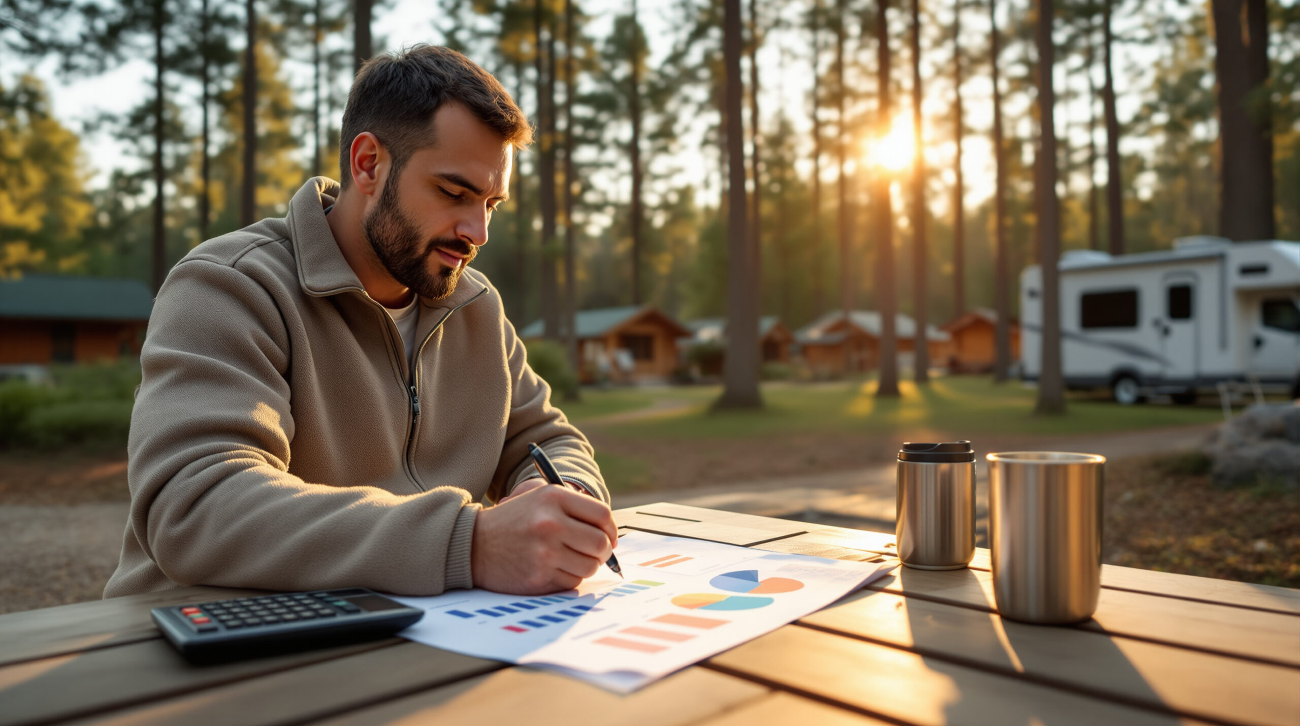 Campground manager at picnic table reviewing asset charts with calculator and coffee under pine trees, cabins and RV softly blurred in background, sunlit setting