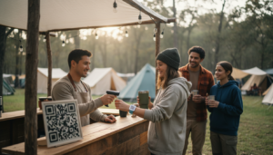 Barista scans camper’s QR code wristband at outdoor campsite café counter with reusable cups and tents in the background