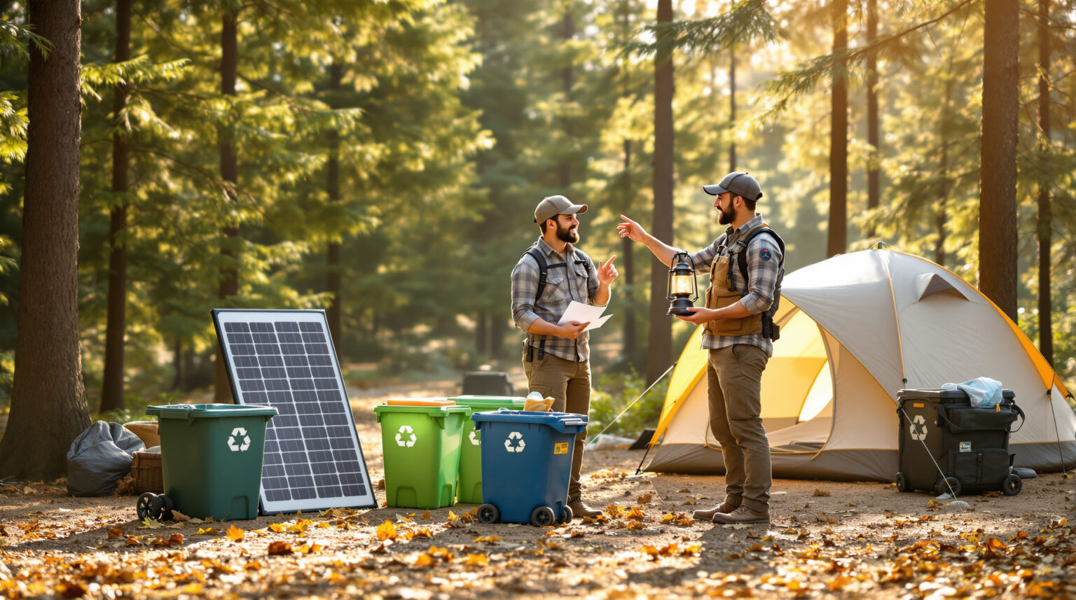 Two campground managers discuss eco-friendly practices in a sunlit forest clearing with recycling bins, a solar panel, and a dome tent, emphasizing sustainable campground operations.