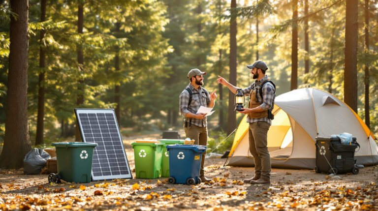 Two campground managers discuss eco-friendly practices in a sunlit forest clearing with recycling bins, a solar panel, and a dome tent, emphasizing sustainable campground operations.