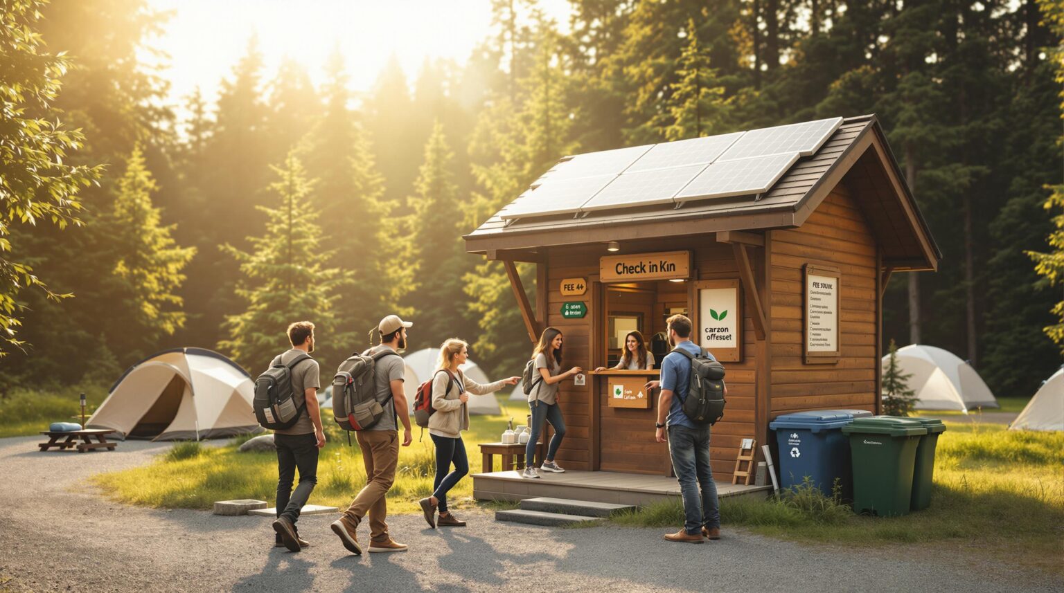 Campers making a carbon offset payment at a small wooden campground kiosk with solar panels and recycling bins, surrounded by a generic forest setting during golden hour.
