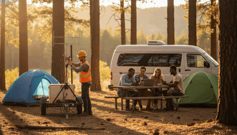Technician adjusts portable cell tower at forest campground as campers use mobile devices near tents and a camper van in warm sunlight.