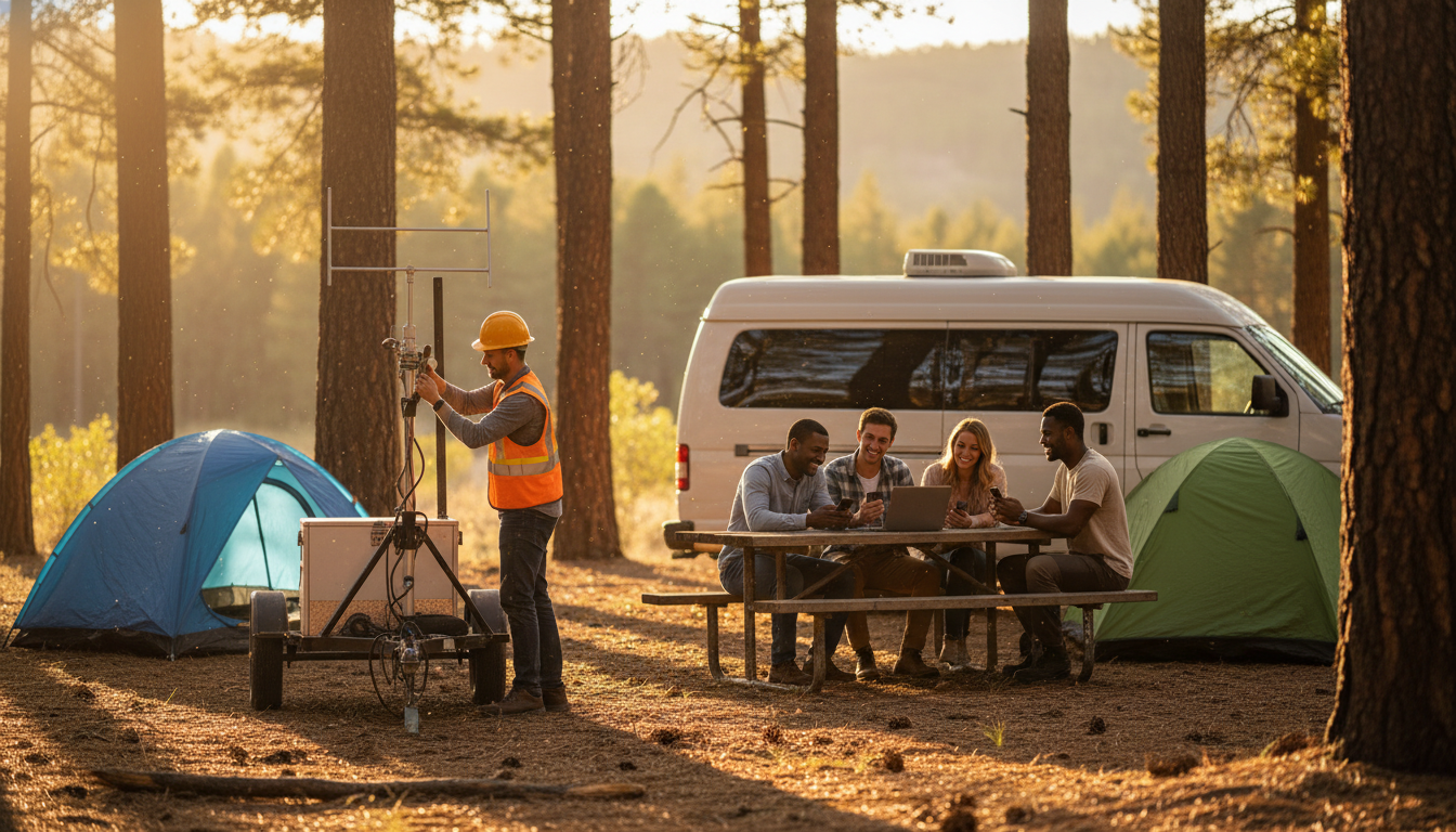 Technician adjusts portable cell tower at forest campground as campers use mobile devices near tents and a camper van in warm sunlight.