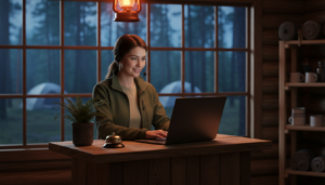 Campground receptionist with headset at front desk in rustic cabin, working on a laptop with warm lantern lighting and forest background