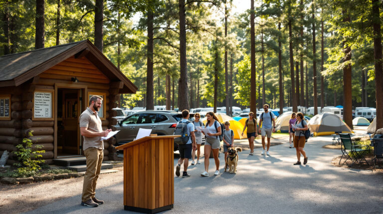 Campground manager checks in guests at a busy outdoor campsite, with families and campers arriving near a rustic wooden office surrounded by tents and RVs among tall pine trees on a sunny day.