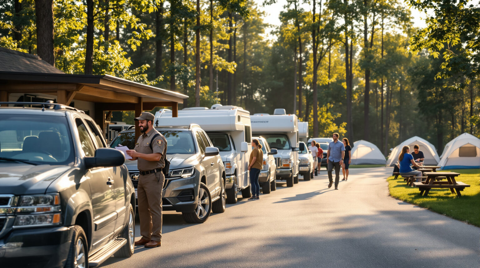 Campers in cars and RVs wait in line at a generic campground check-in booth, greeted by a staff member on a sunny day with trees and tents in the background.