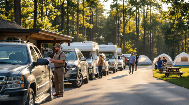 Campers in cars and RVs wait in line at a generic campground check-in booth, greeted by a staff member on a sunny day with trees and tents in the background.