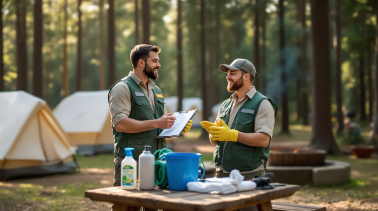 Two campground workers in neutral uniforms plan cleaning tasks next to a picnic table with supplies in a pine forest clearing, soft sunlight and tents blurred in the background.