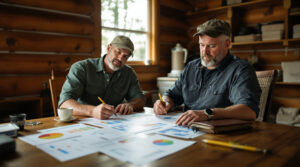 Two campground managers review charts and data sheets at a rustic wooden table in a log-walled office, focused on paperwork with camping gear shelves in the blurred background.