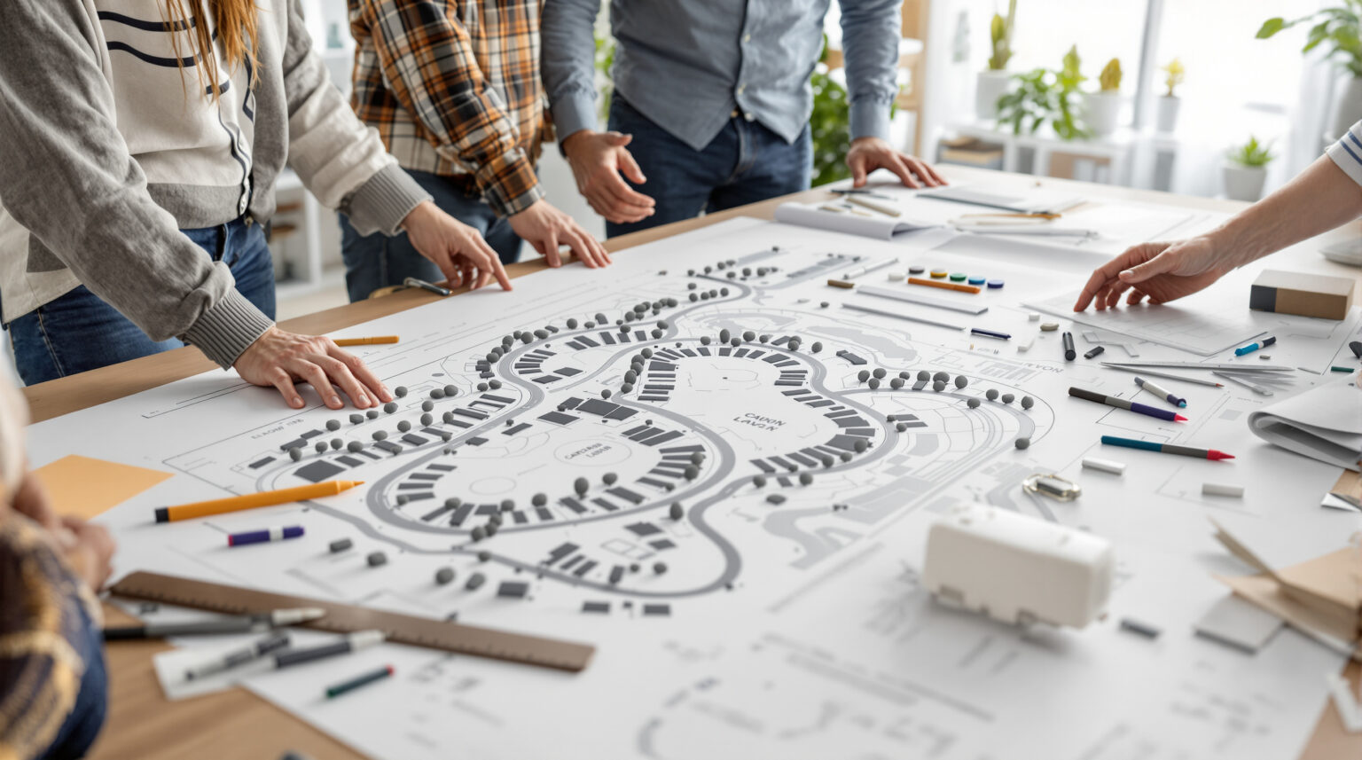 Three planners discussing campground blueprints and a scale model on a sunlit studio table, with drafting tools and maps.