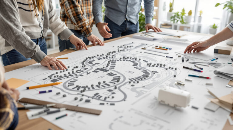 Three planners discussing campground blueprints and a scale model on a sunlit studio table, with drafting tools and maps.