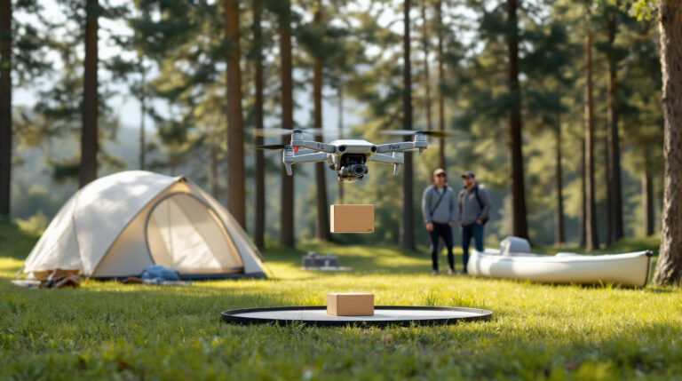 A drone lowers a small package onto a landing pad in a forest campground while two campers watch beside a tent and canoe, with sunlit trees in the background.