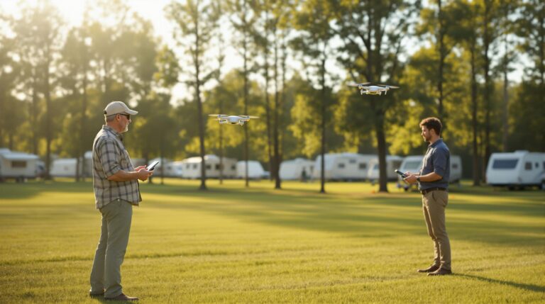 Campground owner and trainee operating drones in open grassy area with safety cones, tents, and RVs in the blurred background under soft afternoon sunlight.