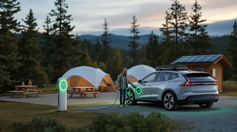 Camper charges electric SUV at generic forest campground with tents, van, and solar panels under soft morning light.