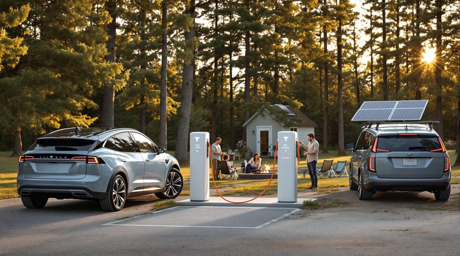 Campground with electric vehicles charging at bidirectional stations, a manager inspecting equipment, guests relaxing nearby, solar panels on a shed, and pine trees in the background.