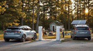 Campground with electric vehicles charging at bidirectional stations, a manager inspecting equipment, guests relaxing nearby, solar panels on a shed, and pine trees in the background.