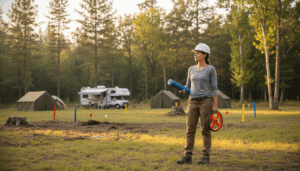 Female project manager in hard hat with blueprint and measuring wheel standing at a forest campground expansion site with tents, RV, and survey stakes in a sunlit clearing