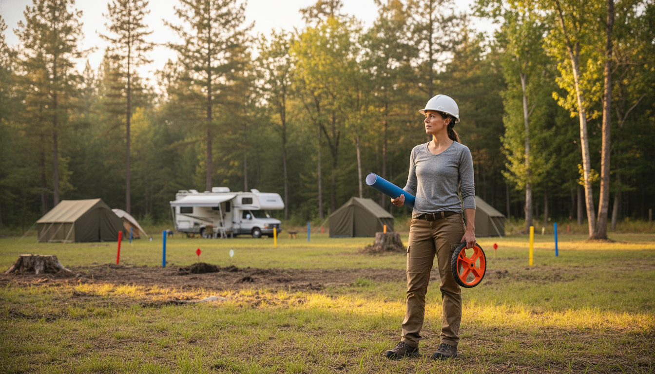 Female project manager in hard hat with blueprint and measuring wheel standing at a forest campground expansion site with tents, RV, and survey stakes in a sunlit clearing