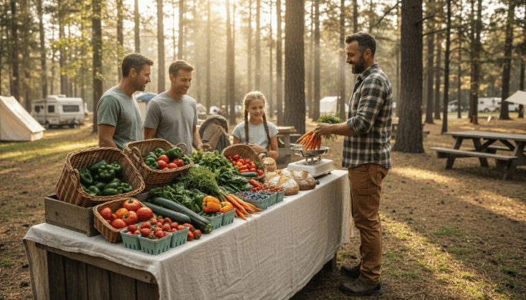 Campground host behind a rustic wooden stall offering fresh vegetables and bread to a family at an onsite farmers’ market, surrounded by trees and tents in soft morning light.