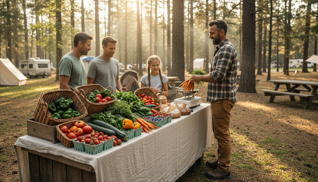 Campground host behind a rustic wooden stall offering fresh vegetables and bread to a family at an onsite farmers’ market, surrounded by trees and tents in soft morning light.