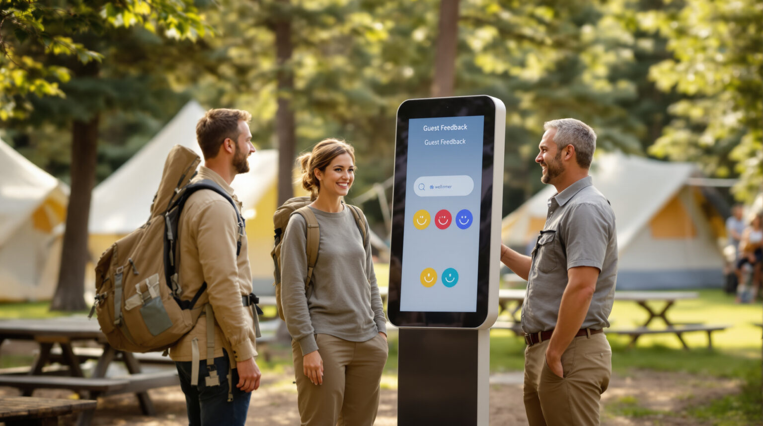 Two smiling campers give feedback on a kiosk with colorful smiley-face buttons as a campground manager observes, set in a generic outdoor campground with blurred tents and trees in the background.