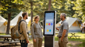 Two smiling campers give feedback on a kiosk with colorful smiley-face buttons as a campground manager observes, set in a generic outdoor campground with blurred tents and trees in the background.