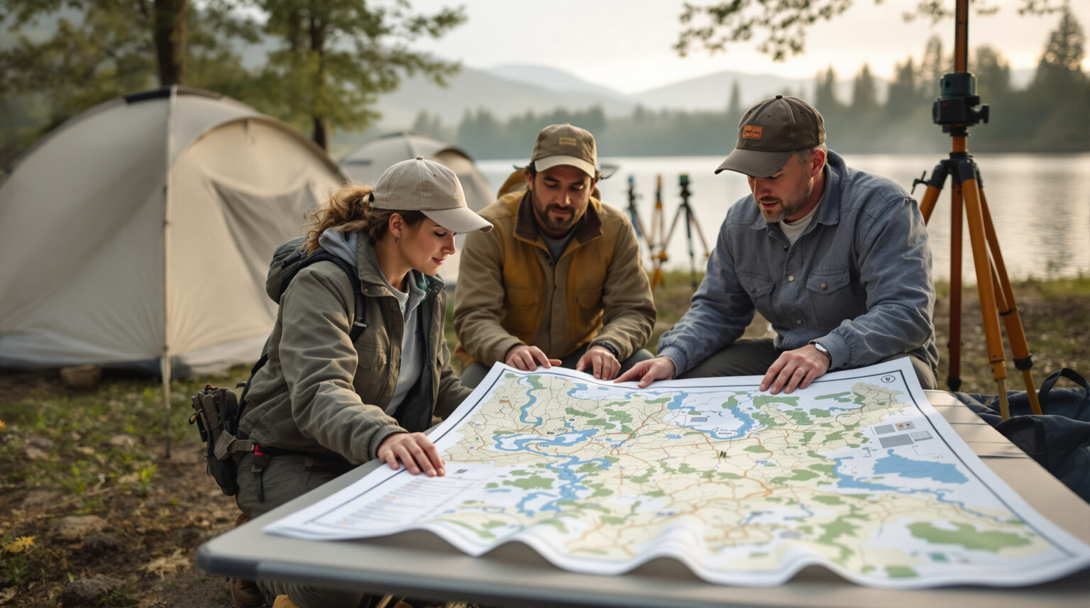Two people kneeling at a campground table study a detailed floodplain map, with survey tools and tents nearby, misty trees and river in the background, illustrating geospatial flood analysis preparation.