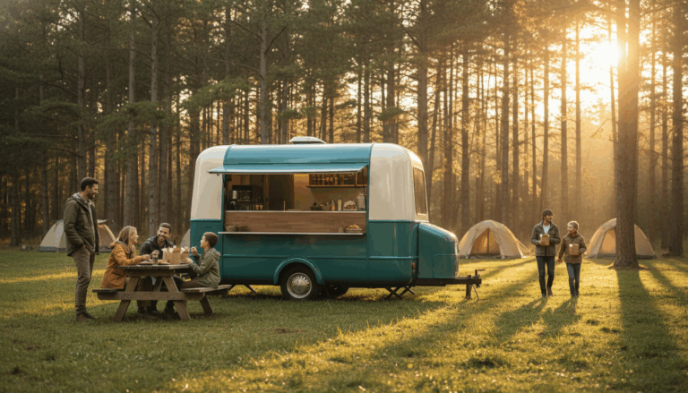 A teal and white pop-up food truck serves campers at a forest campground, with people ordering and eating outdoors among pine trees and tents in soft golden sunlight.