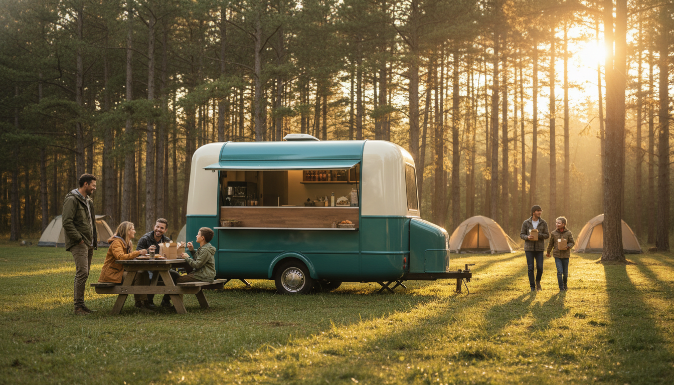 A teal and white pop-up food truck serves campers at a forest campground, with people ordering and eating outdoors among pine trees and tents in soft golden sunlight.