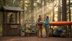 Campground host handing firewood to campers beside rental gear under tall trees, with sunlight filtering through a generic forest setting