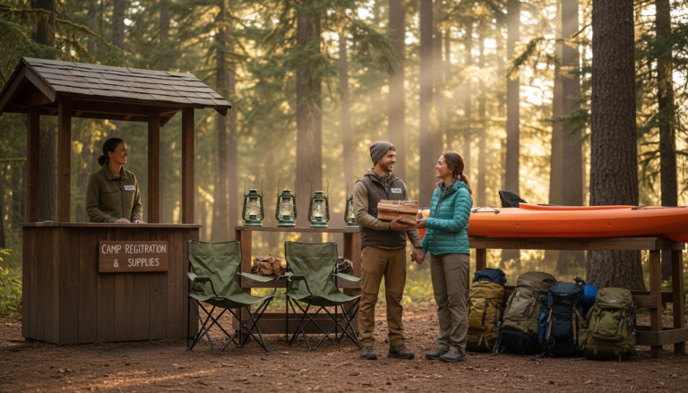 Campground host handing firewood to campers beside rental gear under tall trees, with sunlight filtering through a generic forest setting