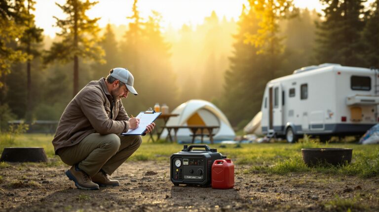 Camper recording generator fuel levels on clipboard at sunrise campsite with tents, trailer, and forest in background