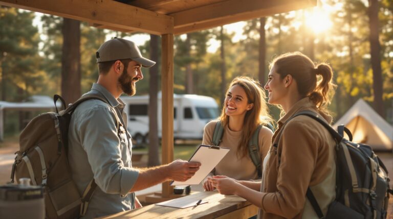 Campground host gives a checklist on a clipboard to a smiling couple with backpacks at a wooden check-in kiosk, pine trees and an RV in the blurred background.
