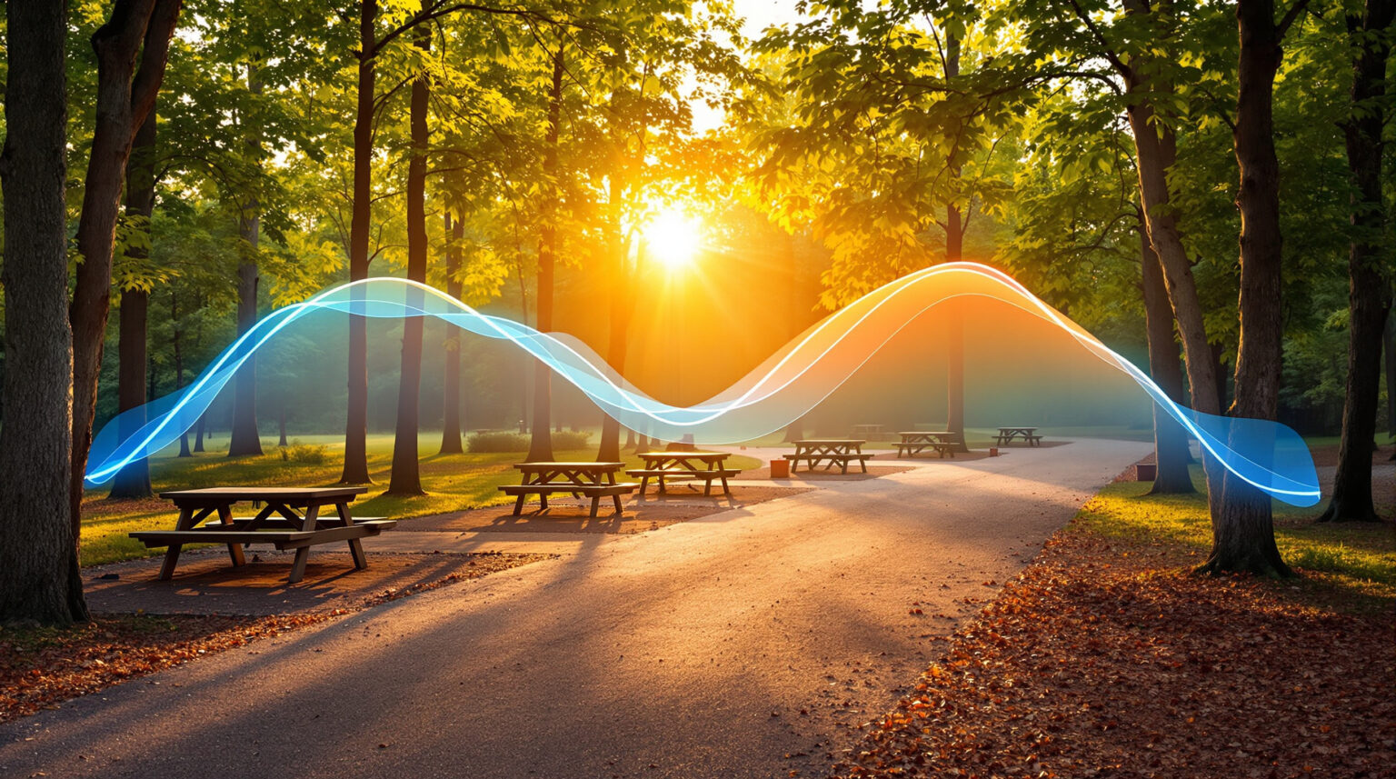 Unoccupied campsites with picnic tables under trees at golden hour, overlaid with a colorful heat map gradient indicating site usage, in a generic park setting