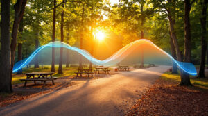 Unoccupied campsites with picnic tables under trees at golden hour, overlaid with a colorful heat map gradient indicating site usage, in a generic park setting