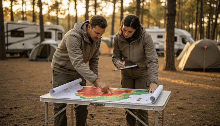 Two campground managers review a colorful heat map outdoors at a generic campsite with tents and an RV in the background, trees and sunlight filtering through.