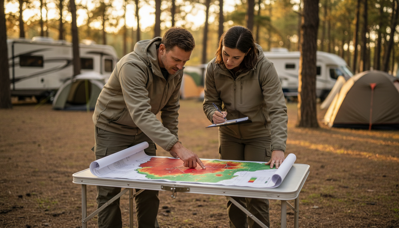 Two campground managers review a colorful heat map outdoors at a generic campsite with tents and an RV in the background, trees and sunlight filtering through.