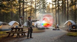 Two campground staff review a printed heatmap near tents and RVs in a pine forest, with subtle signal strength overlay and campers using smartphones in the background on a misty morning.