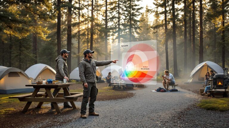 Two campground staff review a printed heatmap near tents and RVs in a pine forest, with subtle signal strength overlay and campers using smartphones in the background on a misty morning.