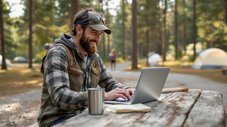 Campground host in casual clothing typing on a laptop at a wooden picnic table in a generic forest clearing, with a travel mug and map beside them, surrounded by blurred tents and trees.