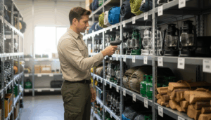 Campground employee scans a lantern’s barcode in a neatly organized storeroom with shelves of camping supplies.