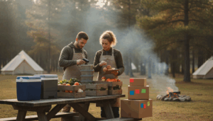 Two campground workers in aprons counting food inventory at a picnic table with unlabeled crates and coolers, surrounded by pine trees and tents in a rustic outdoor setting at sunrise.