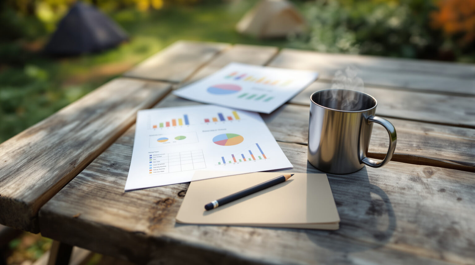 Overhead view of a rustic picnic table with colorful KPI charts, a closed laptop, notepad with pencil, and steaming camping mug in a generic outdoor setting.